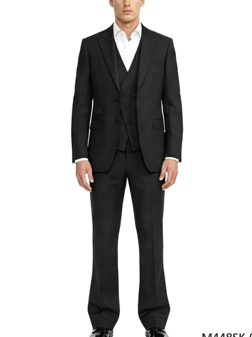 Solid Black Pick Stich Peak Lapel w/ Double Breasted Vest Flare Pants Men's Suit